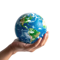 Human Hand Cradling Planet Earth Globe Showing Continents And Oceans With Cloud Cover isolated on transparent background. PNG die-cut for advertising