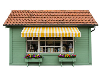 Isolated shop with yellow awning and flower boxes attached to the shop window outside