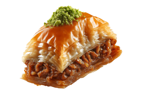 Traditional Turkish baklava filled with pistachios and syrup, cut square triangle isolated on white transparent background, symbolizing sweet cuisine
