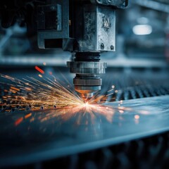 Industrial laser cutter in action. Sparks fly as metal sheet is cut