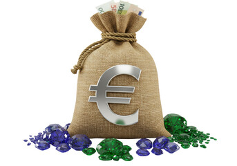 Isolated bag of euros with currency notes and precious gemstones, wealth and cash concept