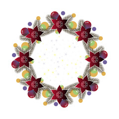Modern Christmas Wreath Vector with Purple Flowers  Ornaments and  flowers, evergreen sprigs, and  ornaments surrounding 