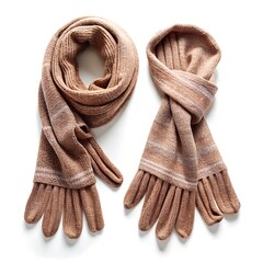 Cozy knitted scarf and glove set in a warm brown color, isolated on white background