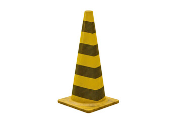 Isolated traffic cone warning sign with yellow and black stripes, road safety marker