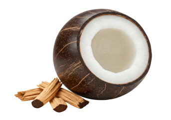 Isolated coconut half, with wood pieces, a tropical fruit and food ingredient delicacy