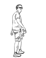 Vector sketch of a man standing in casual sportswear, holding a towel, viewed from the side, minimal black and white style