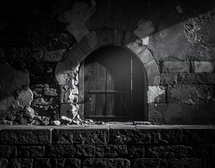 Dark arched doorway in aged stone wall