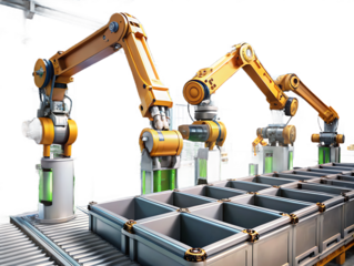 Automated assembly line, with robotic arms and conveyor belts, cutout, PNG isolated on transparent background