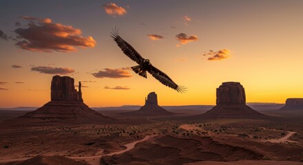 Desert landscape with eagle in flight at sunset