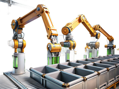 Automated assembly line, with robotic arms and conveyor belts, cutout, PNG isolated on transparent background