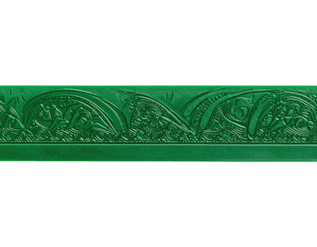 Emerald-green embossed border with intricate Celtic-style designs