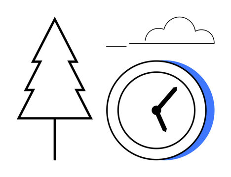 Tree, analog clock, and cloud combined in minimalist art style. Ideal for time, nature, sustainability, productivity, scheduling ecology awareness themes. Clean flat design metaphor