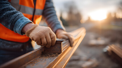 close-up of worker hands carefully working with a metal bar