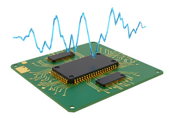 Isolated Circuit board with chip components and waveform for technology concept, modern engineering