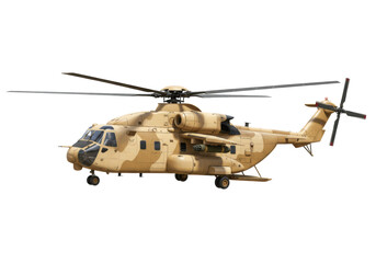 Isolated military transport helicopter, medium sized, desert camouflage paint scheme, side view