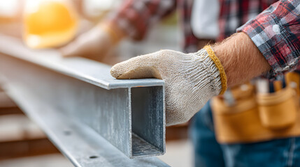 A construction worker inspecting a metal beam on site. The worker is focused and using protective gear.