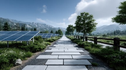 Scenic Solar Panel Array Set Against Distant Mountain Vista Under Bright Sky And Lush Greenery With A Stone Tile Pathway