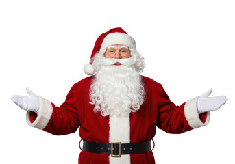 Isolated Santa Claus in red suit with open arms, classic Christmas character welcoming