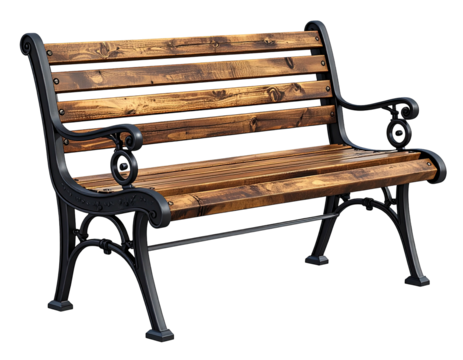 Wooden park bench with dark metal supports.  Rustic, classic design with detailed ornamentation