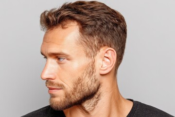 Obraz premium Profile of a confident man with short hair and well-groomed beard showcasing strong facial features against a minimalistic backdrop symbolizing contemporary masculinity and self-assurance