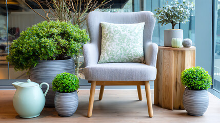Workplace Stress Relief Corner with Cozy Seating Potted Greens and Stress-Relief