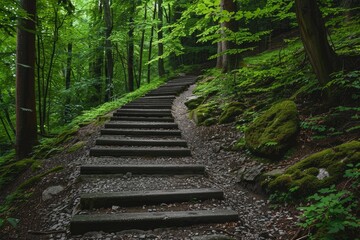 Obraz premium Stone steps winding through a vibrant green forest, creating a tranquil hiking path
