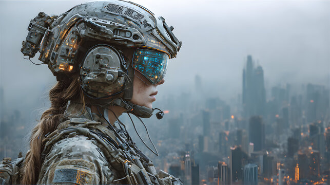 Female Soldier Looking at Futuristic city, cybersecurity and technology background