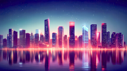 Fototapeta premium Vibrant city skyline reflecting off water under a starry night sky showcasing modern architecture and colorful lights in a bustling metropolitan area