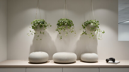 Peaceful Workplace Meditation Space with Hanging Plants Noise-Canceling Headphon
