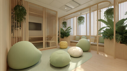 Peaceful Workplace Meditation Space with Hanging Plants Noise-Canceling Headphon