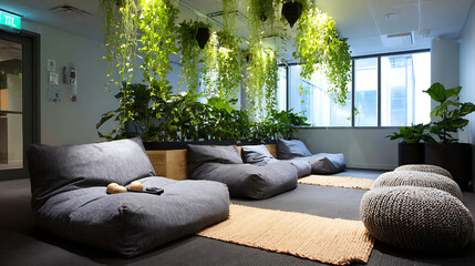 Peaceful Workplace Meditation Space with Hanging Plants Noise-Canceling Headphon