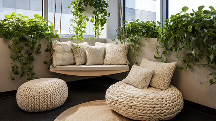 Peaceful Workplace Meditation Space with Hanging Plants Noise-Canceling Headphon