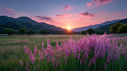 Fototapeta premium Scenic Sunset Landscape with Purple Flowers Field and Green Mountains Tranquil Nature Scenery in Warm Light and Soft Clouds