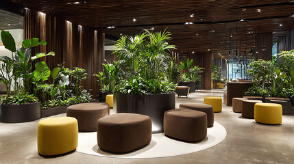 Office Emotional Management Workshop with Comfortable Seating and Potted Foliage