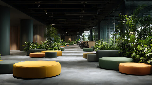 Office Emotional Management Workshop with Comfortable Seating and Potted Foliage