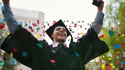 A person celebrating their graduation day by throwing confetti, great for representing achievement and success