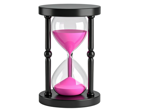 A classic hourglass with pink sand.  Black wooden base and clear glass.  Time passing