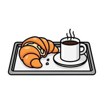 Simple cartoon croissant and steaming cup coffee on tray, presented on transparent, ideal for breakfast or cafe themes