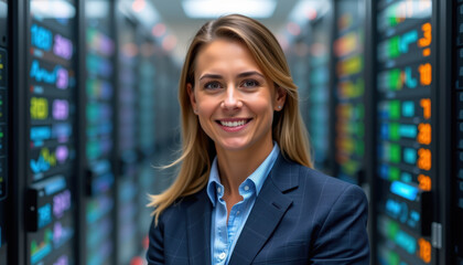 Obraz premium Professional woman smiling in data center, showcasing confidence and expertise