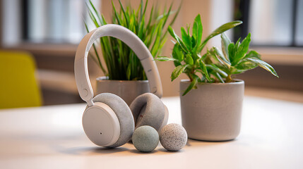 Cozy Office Meditation Nook with Potted Greens Noise-Canceling Headphones and So