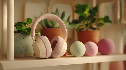 Cozy Office Meditation Nook with Potted Greens Noise-Canceling Headphones and So