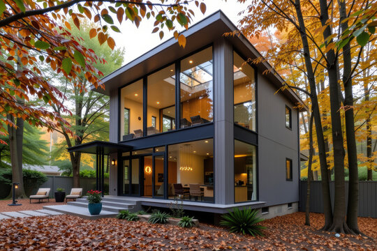 Modern dwelling unit surrounded by vibrant autumn foliage, showcasing stylish accessory design