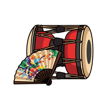 Traditional korean drum janggu and colorful, patterned fan, symbolizing korean culture and performance