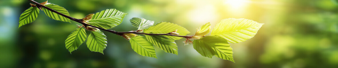 fresh green leaf growing on tree branch in forest in spring on sunny day. Wide panoramic background