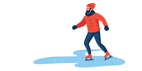 Vector illustration man ice skating alone on frozen lake