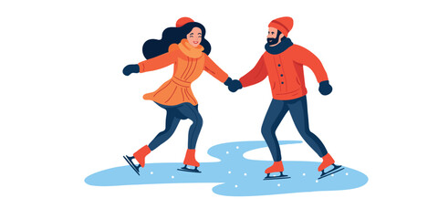 Obraz premium Vector illustration man and woman ice skating together on frozen lake