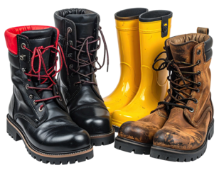 Three pairs of work boots and rain boots, side-by-side.  Black, red-laced, and a pair of dirty, tan leather boots are flanked by bright yellow rain boots