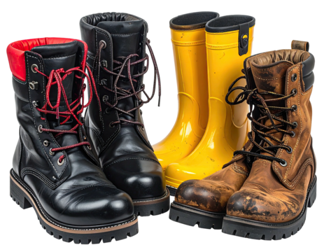 Three pairs of work boots and rain boots, side-by-side.  Black, red-laced, and a pair of dirty, tan leather boots are flanked by bright yellow rain boots