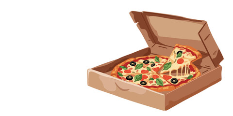 Vector illustration delicious pizza slice in takeaway box