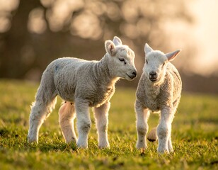 Obraz premium Two lambs frolic in a sunlit pasture